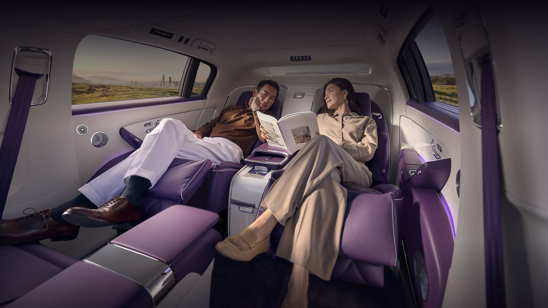 Executive Four-Seat Layout — dual zero-gravity seats, natural wool carpet